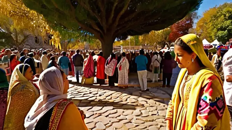 Plaza vibrante con peregrinos y devoción colectiva