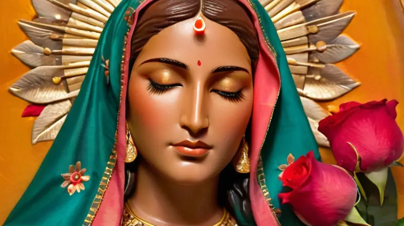 Virgen de Guadalupe con flores y luz