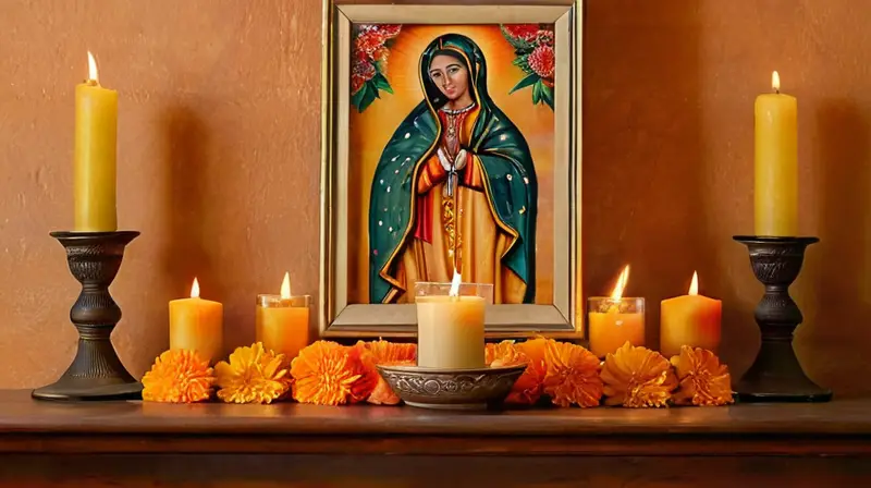 Altar sereno con flores y velas