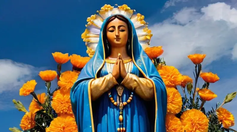 Virgen de Guadalupe rodeada de flores vibrantes