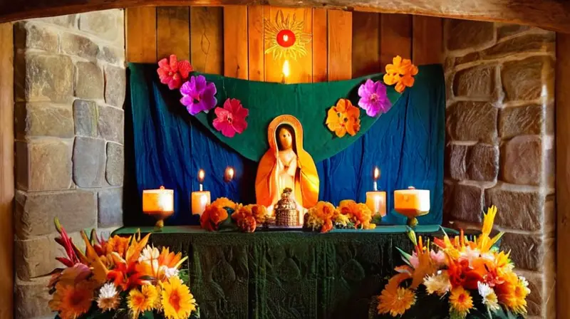 Altar vibrante con decoración y ambiente sagrado
