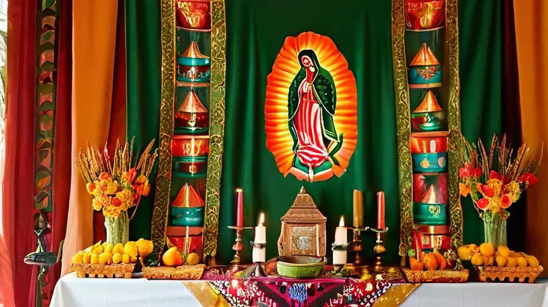 Altar vibrante lleno de colores y ofrendas