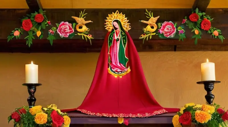 Altar vibrante con Virgen de Guadalupe y flores