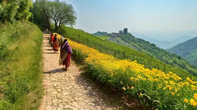 Peregrinos en un paisaje vibrante y emotivo