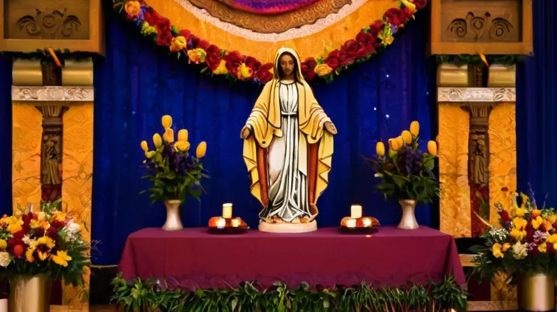 Altar vibrante con flores y comunidad celebrando