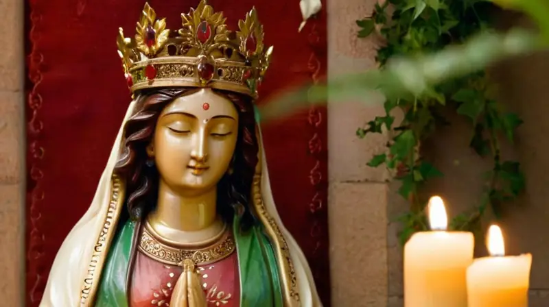 Estatua virgen radiante en entorno sereno
