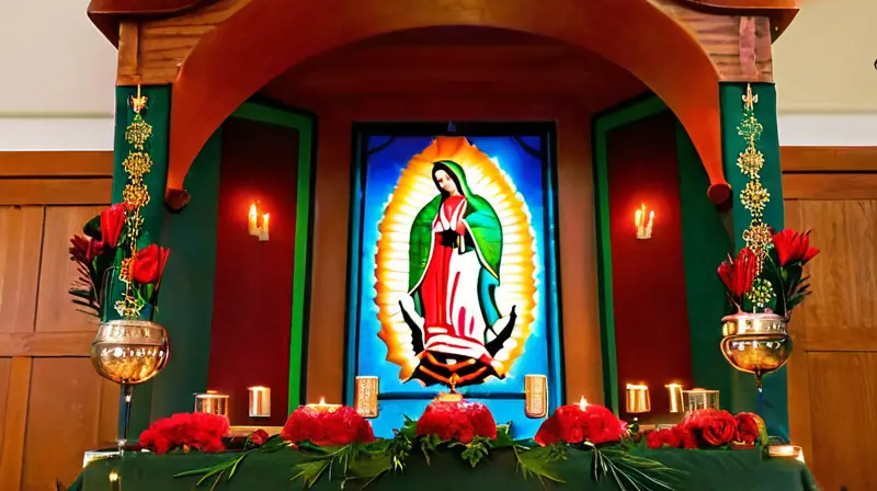 Altar decorado con luz y flores vibrantes