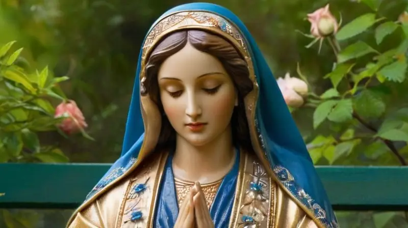 Virgen María serena rodeada de naturaleza