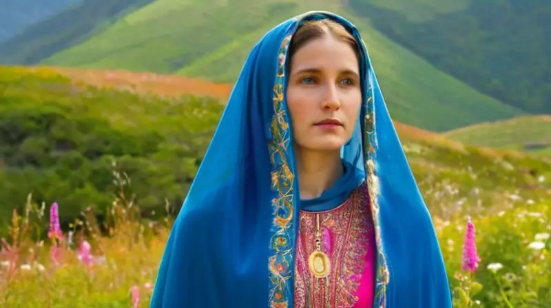 Virgen María serena en un paisaje luminoso