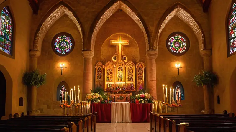 Iglesia vibrante con luz cálida y devoción
