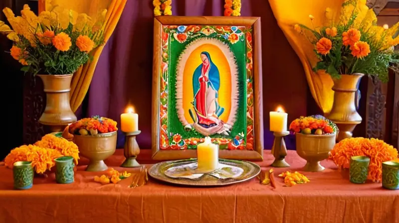 Altar vibrante con ofrendas coloridas y religiosas