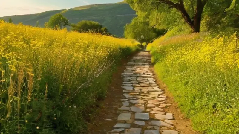 Paisaje vibrante con peregrinos en camino