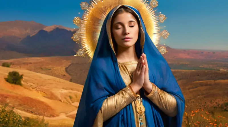 Virgen María rodeada de luz y naturaleza
