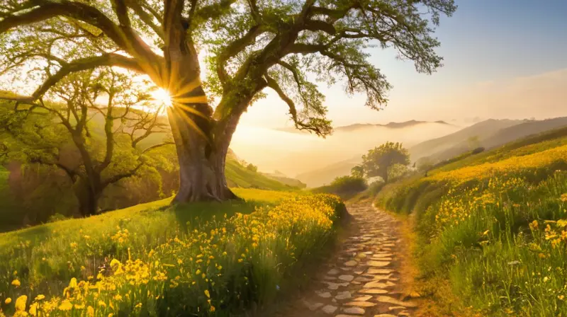 Peregrinos caminan juntos bajo un hermoso amanecer